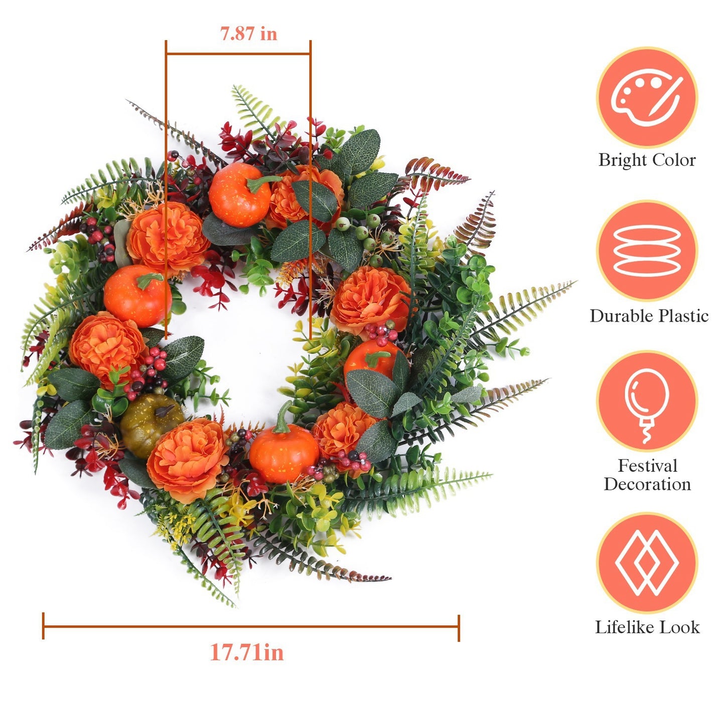 1Pc 17.71IN Autumn Wreath With Pumpkin Mixed Leaves Berries Flowers Fall Decoration For Indoor Outdoor Window Wall Front Door In Halloween Thanks Giving Day