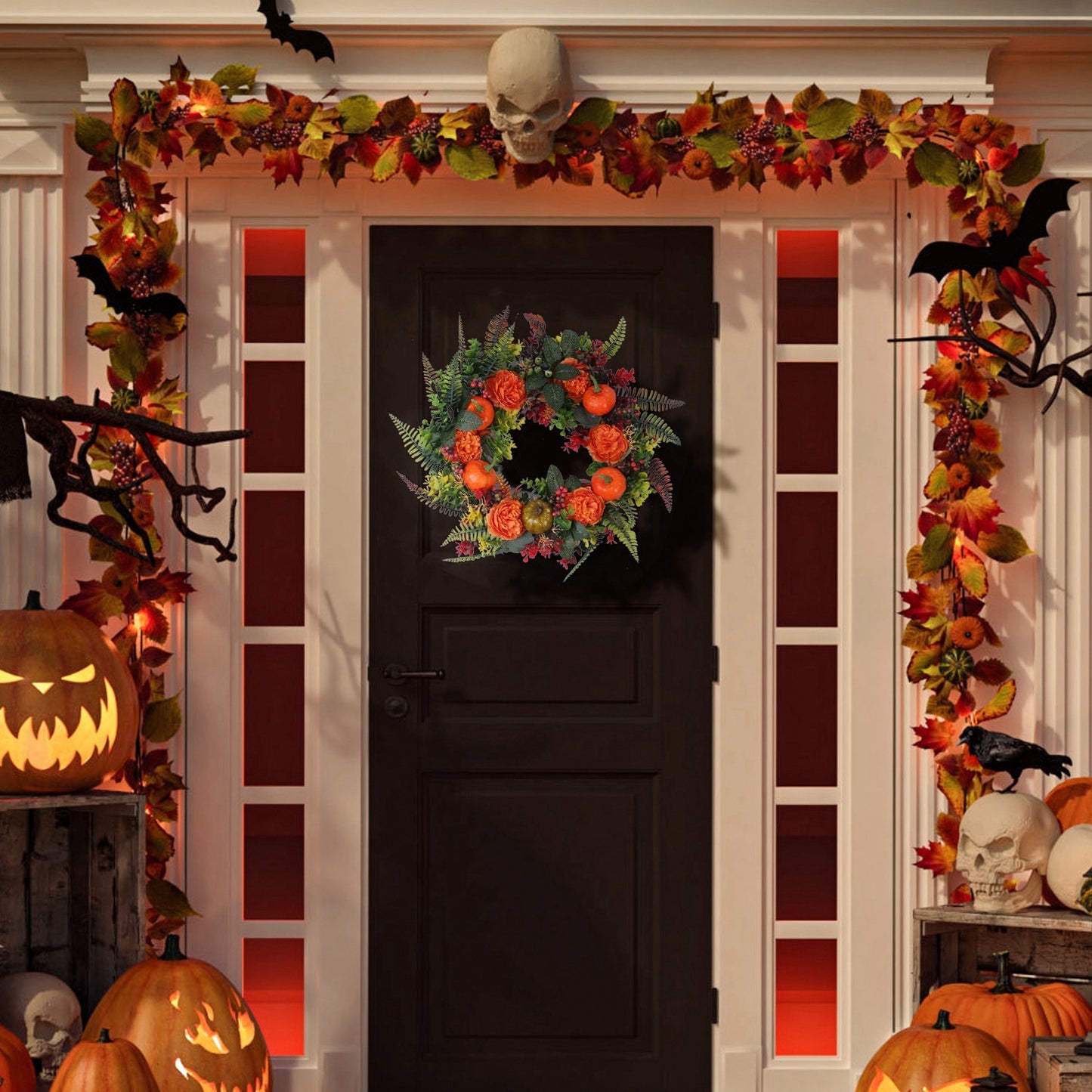 1Pc 17.71IN Autumn Wreath With Pumpkin Mixed Leaves Berries Flowers Fall Decoration For Indoor Outdoor Window Wall Front Door In Halloween Thanks Giving Day